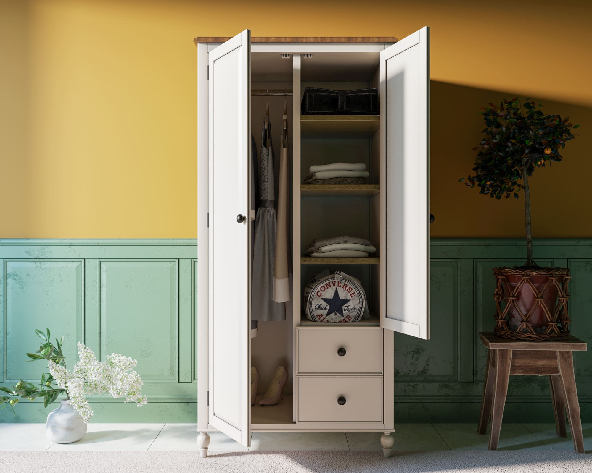 Шкаф двухстворчатый распашной с полками и двумя ящиками"Odri"