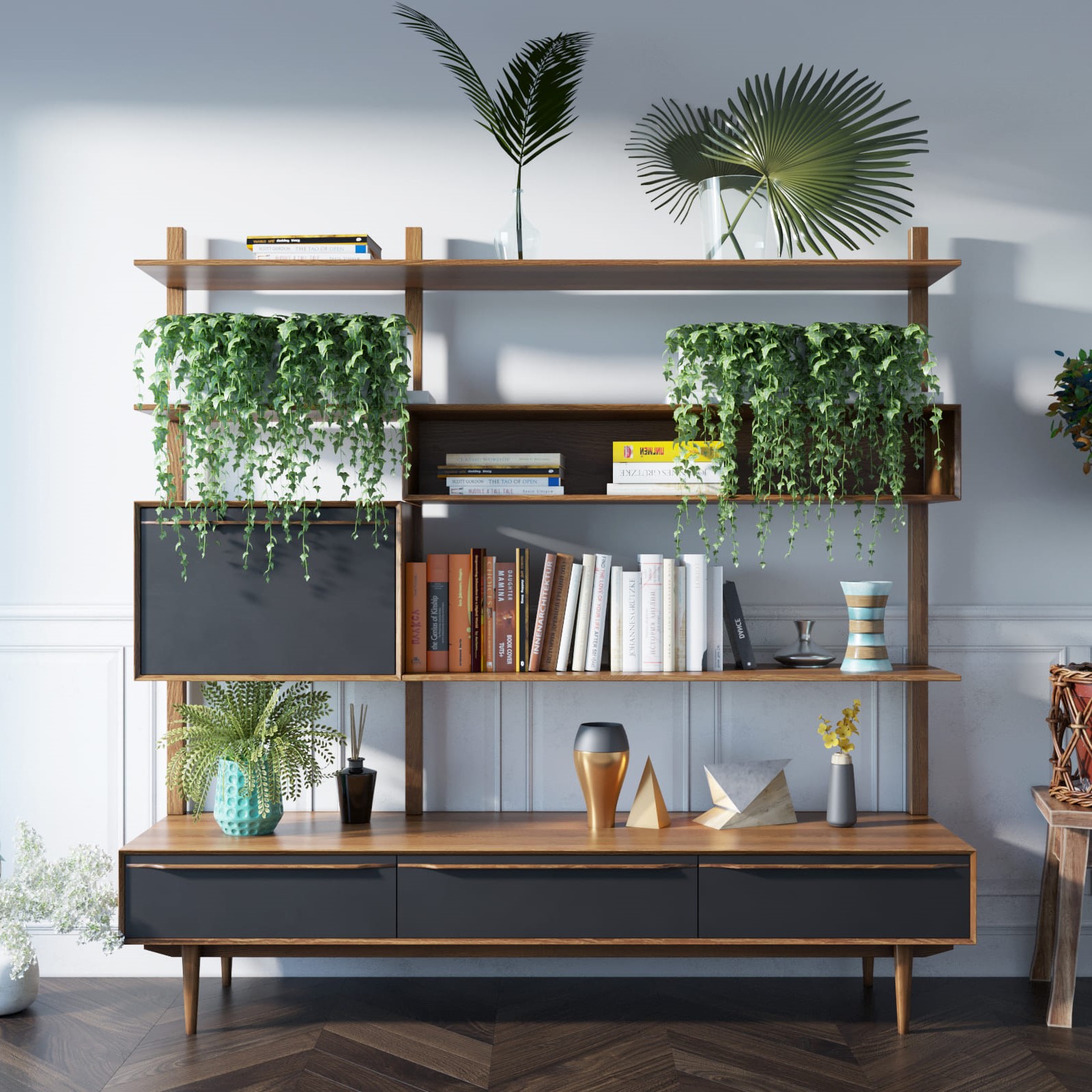 Стеллаж массив дерева "Bruni Black" с ящиками