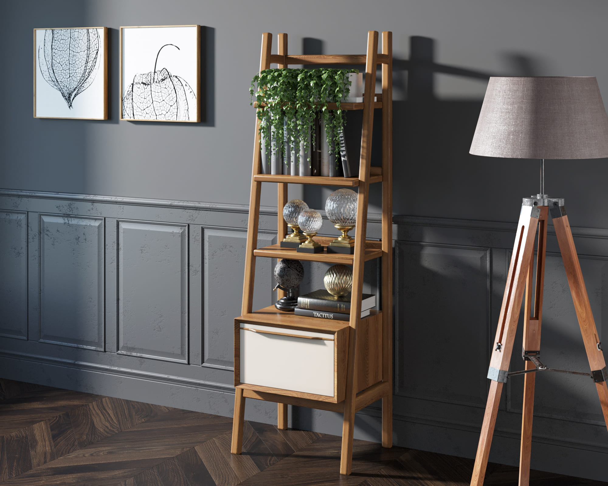 Узкий стеллаж дерево с открытыми полками "Bruni white"