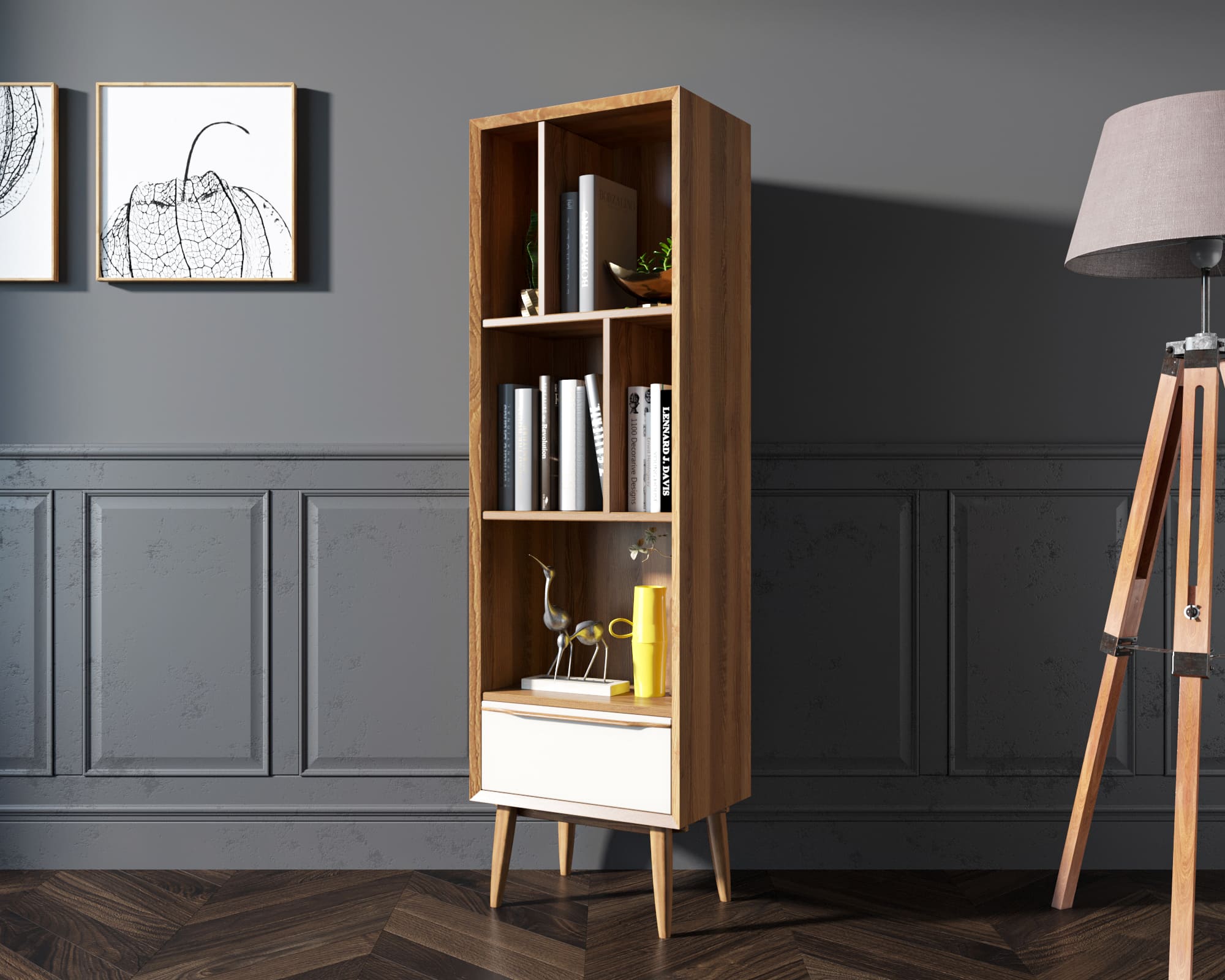 Узкий стеллаж с ящиком "Bruni white"