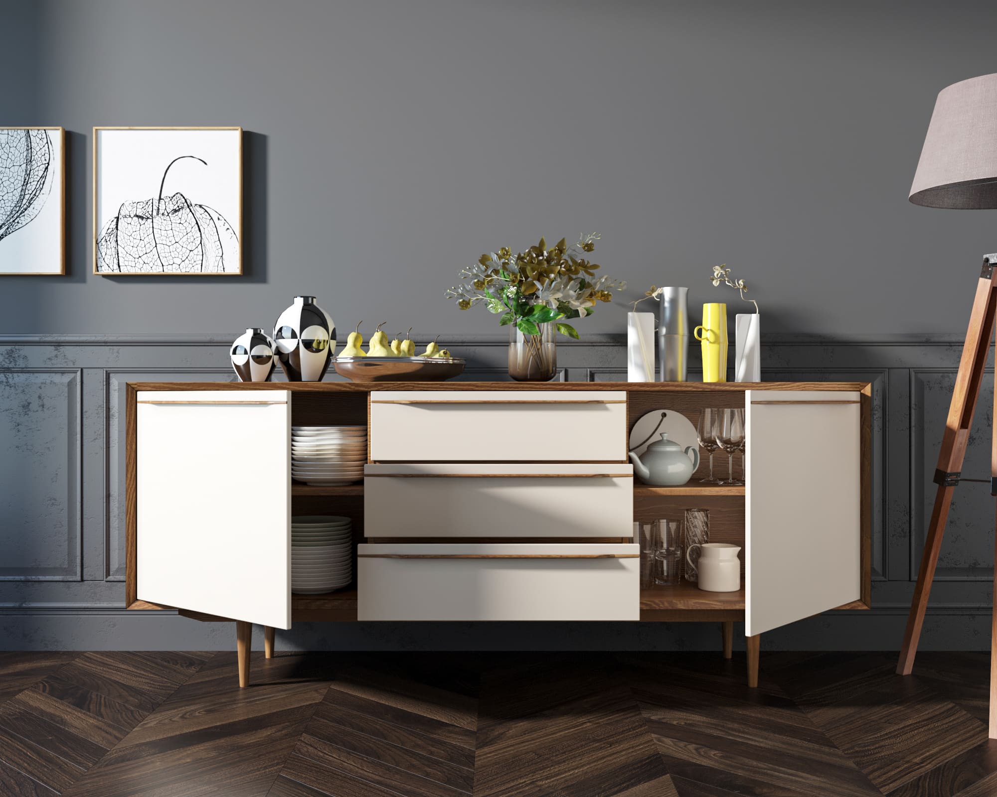 Комод "Bruni white" с тремя ящиками и дверками