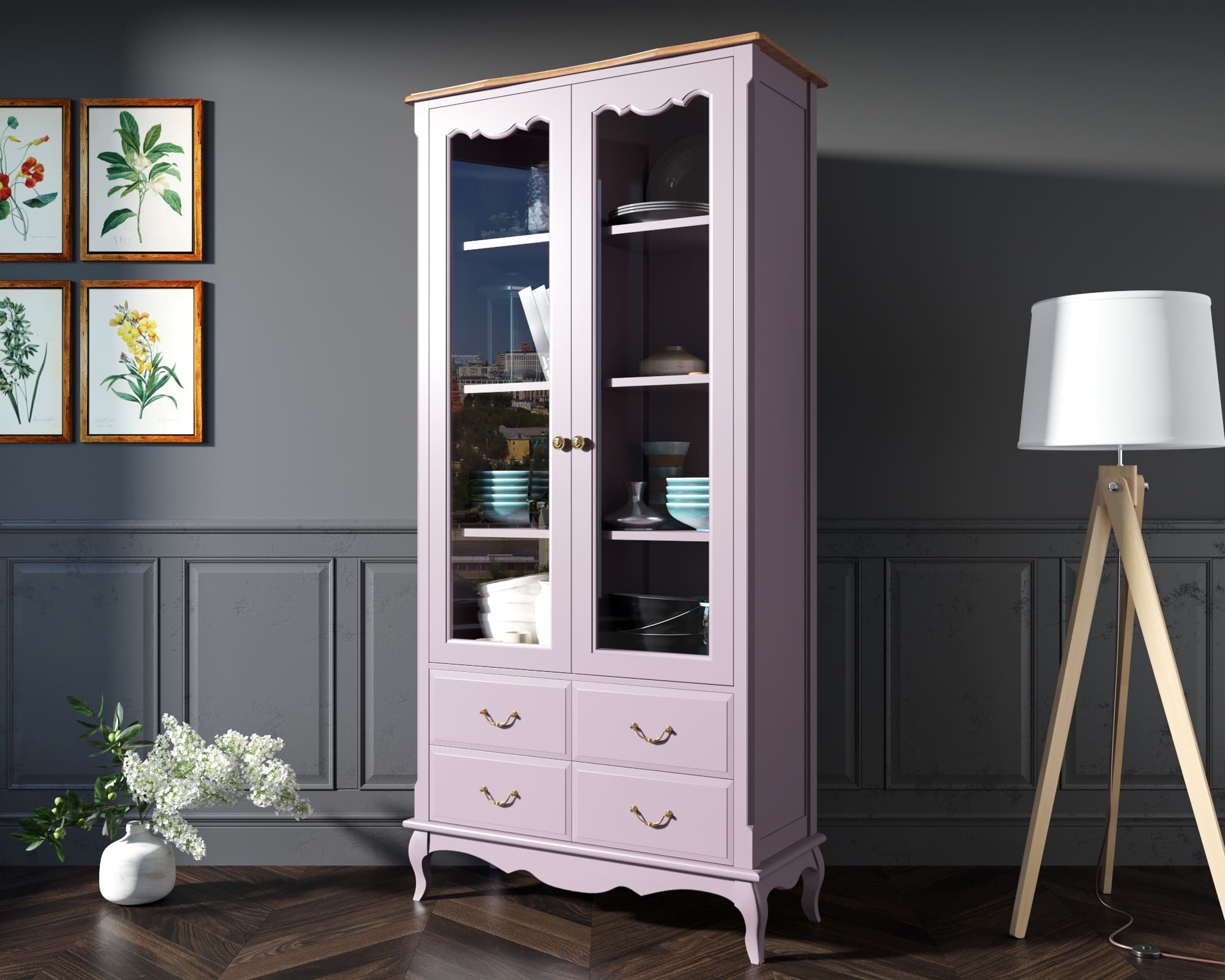 Шкаф Leontina Lavanda для посуды высокий 4 ящика арт ST9355/4L