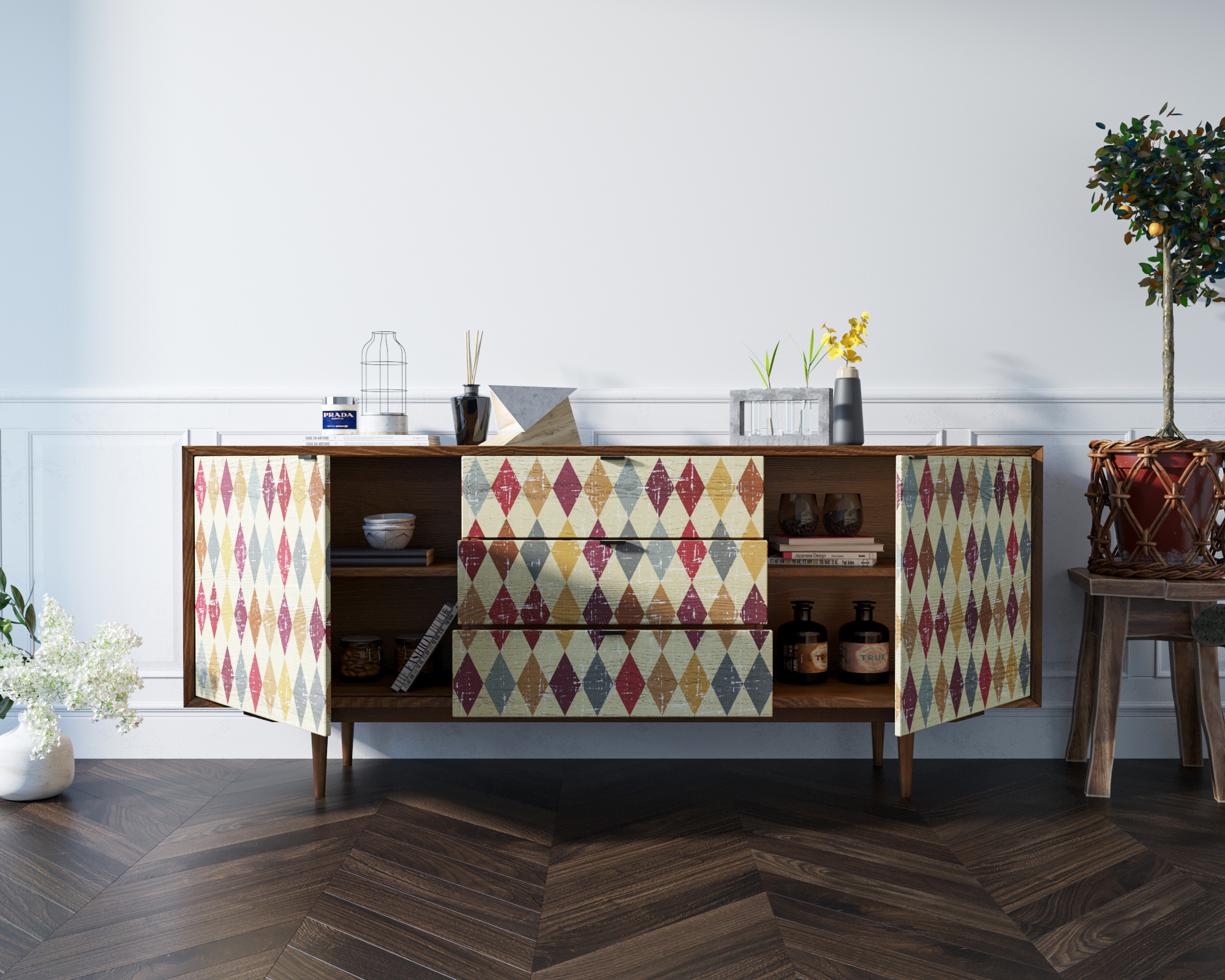 Комод массив "Bruni print" с тремя ящиками и дверками