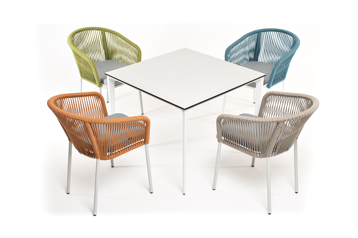 "Аркобалено" обеденная группа на 4 персоны со стульями "Марцелло", каркас белый, роуп цветной
